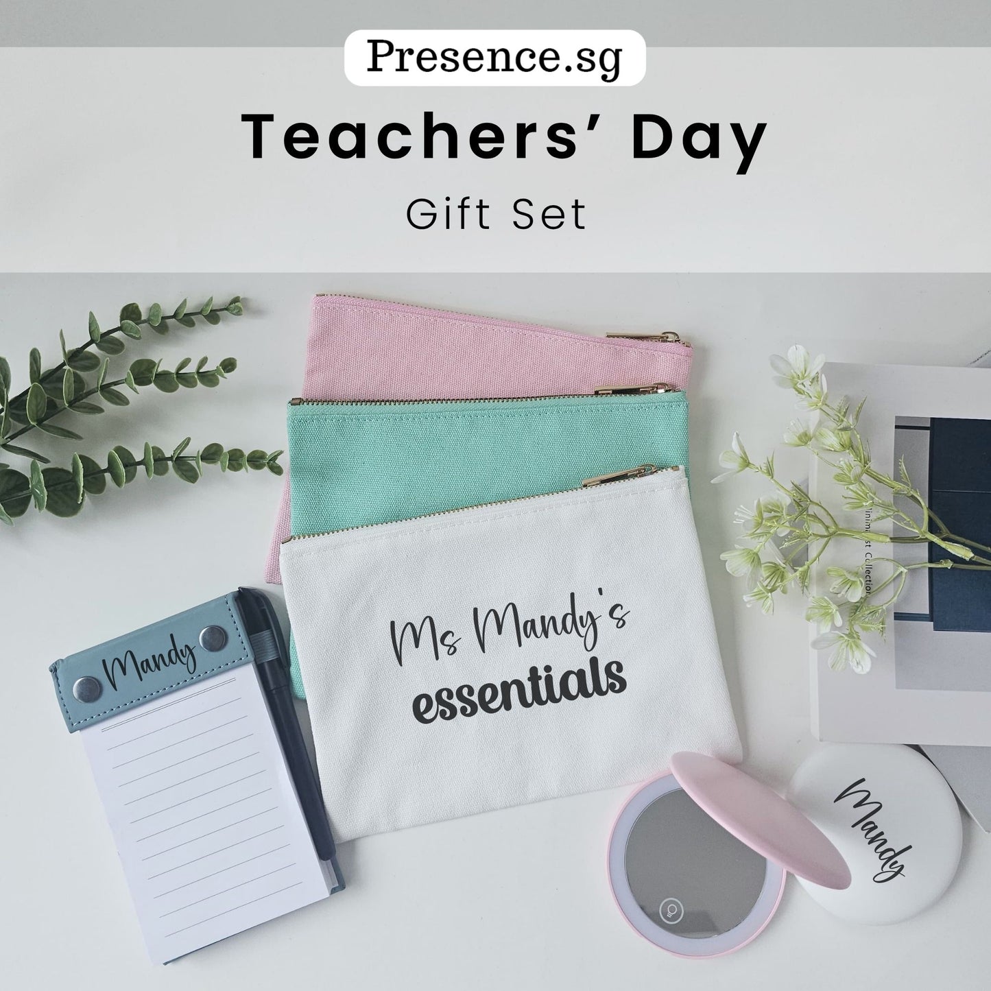 Personalised Teachers’ Day Gift Set – Pouch, Mirror & A6 Notepad