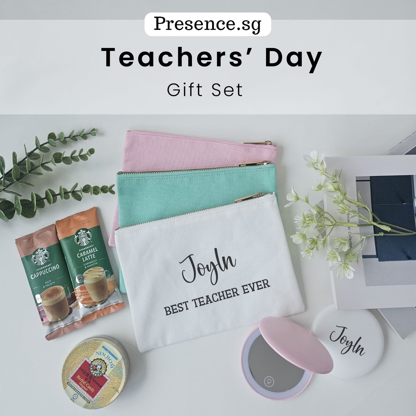 Teachers’ Day Gift Set – Canvas Pouch +LED Mirror (with Treat Add-on Option)